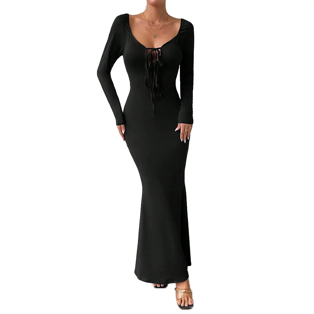 U-Neck Long Sleeve Lace-Up Bodycon Dress