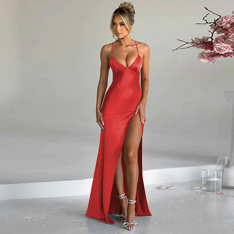 Red/Black V Neck Backless Tie Slit Dress