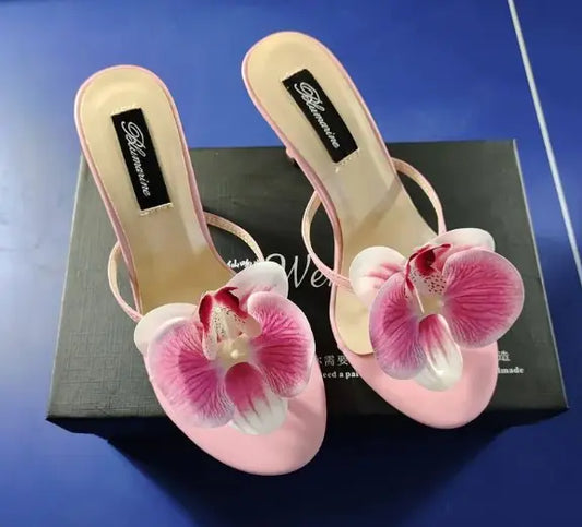 Pink Orchid Floral Slingback Heeled Sandals