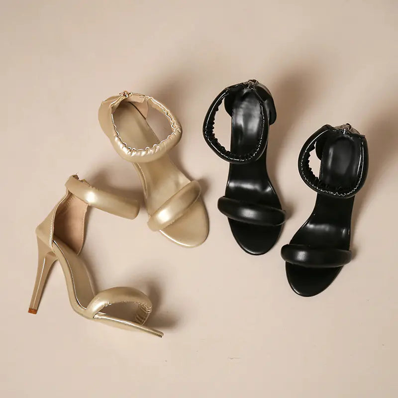 Black/Gold Pointed-Toe One-Strap Stiletto Sandals