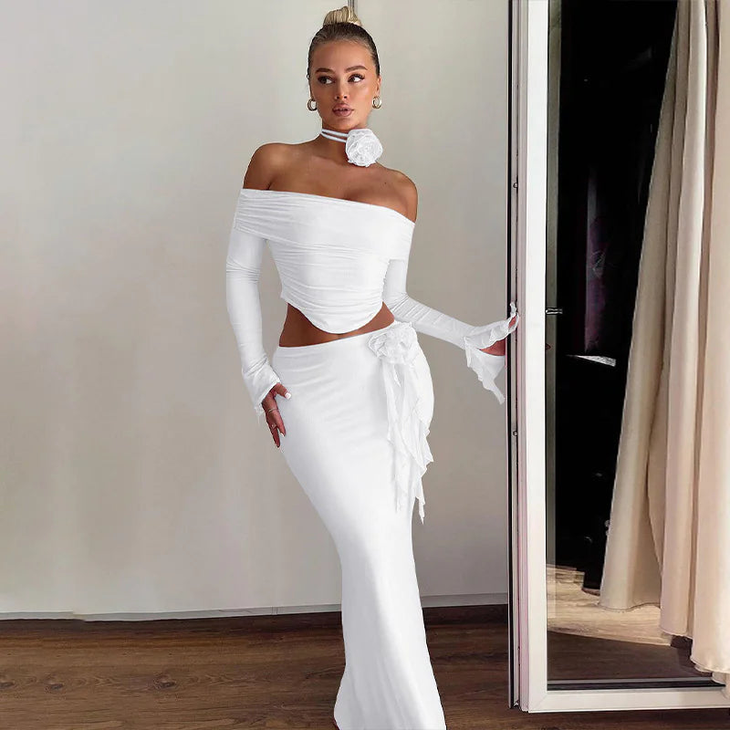 Slim Fit Long Sleeve Top and Skirt Set