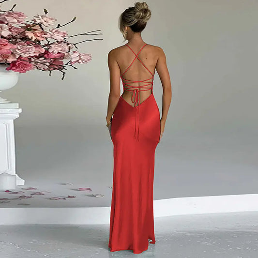 Red/Black V Neck Backless Tie Slit Dress
