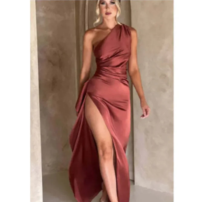 Sleek Satin One Shoulder Slit Dress