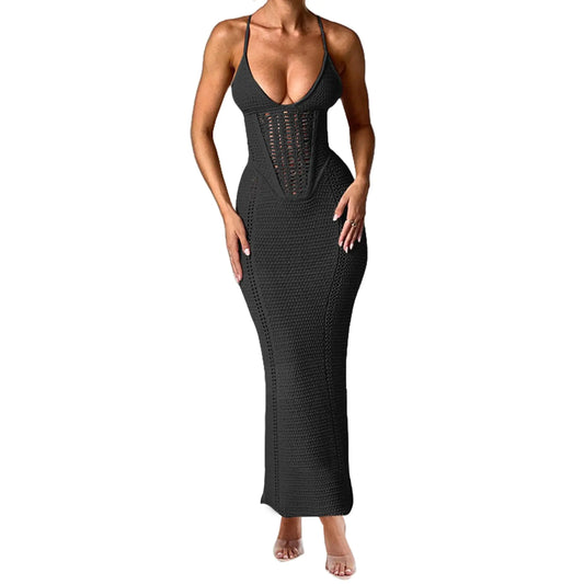 Crochet Knit Backless Corset Maxi Dress