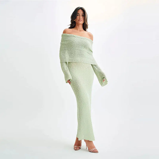 Off Shoulder Knitted Long Sleeve Maxi Dress