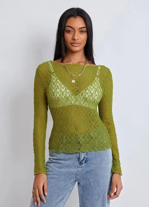 Lace Mesh Wavy Long Sleeve Top