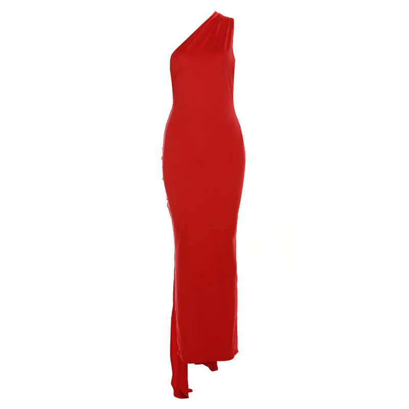 Slant Shoulder Backless Maxi Evening Dress
