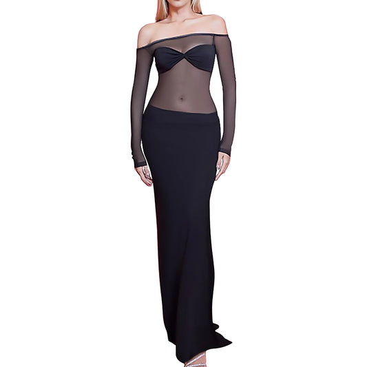 Sheer Mesh Long Sleeve Bodycon Maxi
