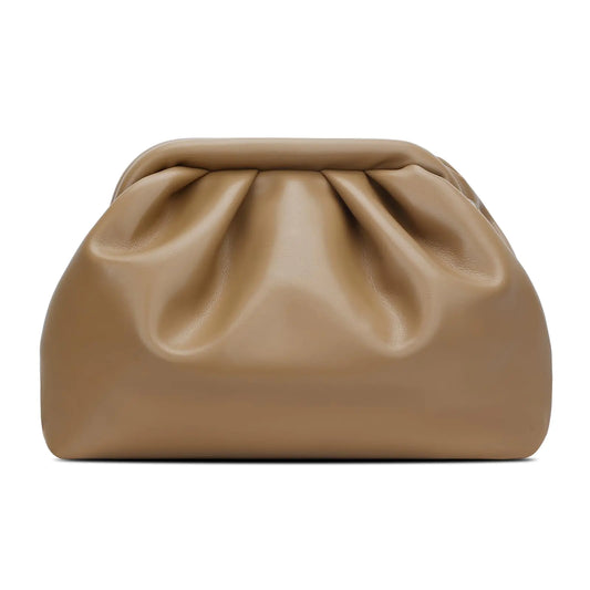 Khaki Pleated Evening Clutch with Chain Strap