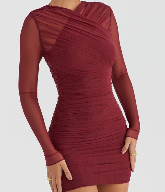 High Waist Pleated Wrapped Long Sleeve Dress