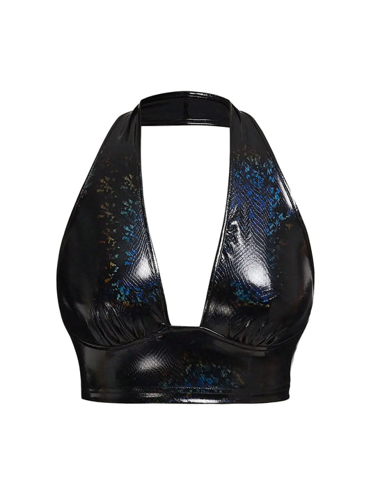 Faux Leather Deep V Halter Crop Top