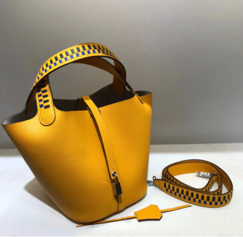 Genuine Leather Woven Bucket Tote Bag