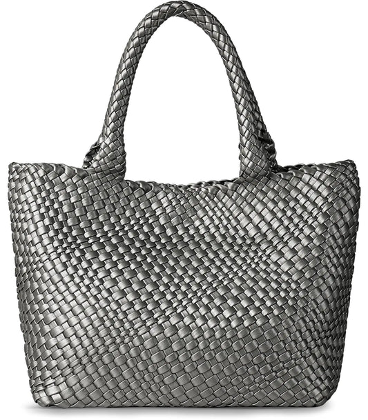 Silver Vegan Leather Woven Shoulder Tote Bag