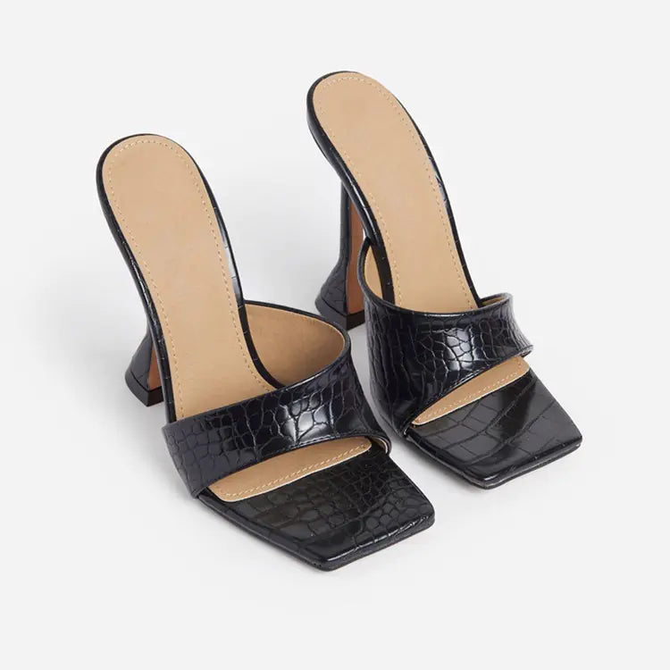Square Toe Black PU Leather Heels