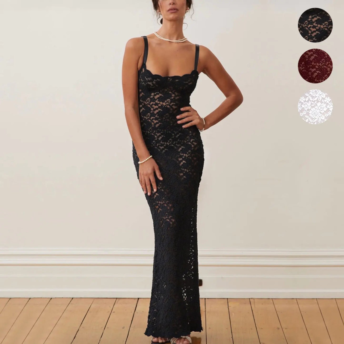Elegant Floral Lace Bodycon Maxi Dress