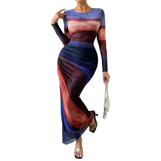 Printed Tie Dye Mesh Layered Maxi Dress