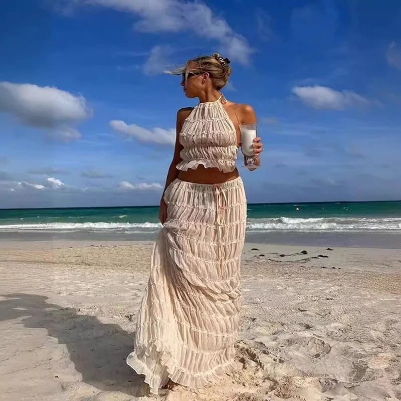 Chic Halter Crop Top and Pleated Maxi Skirt