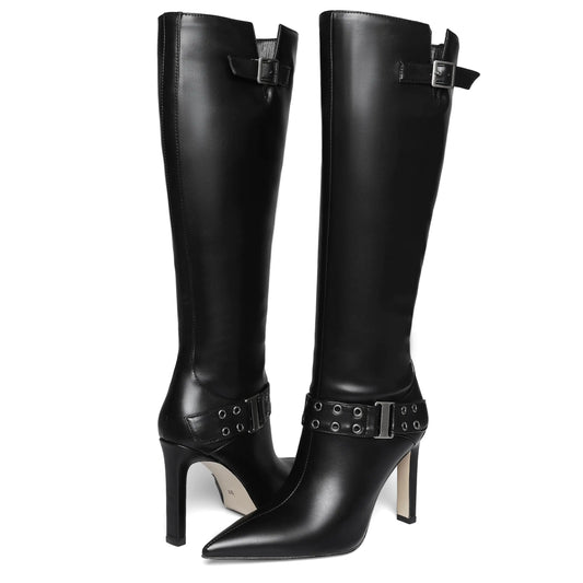 Black Buckle Stiletto Knee High Dress Boots