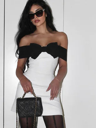 Black-White Off Shoulder Hip Wrap Dress