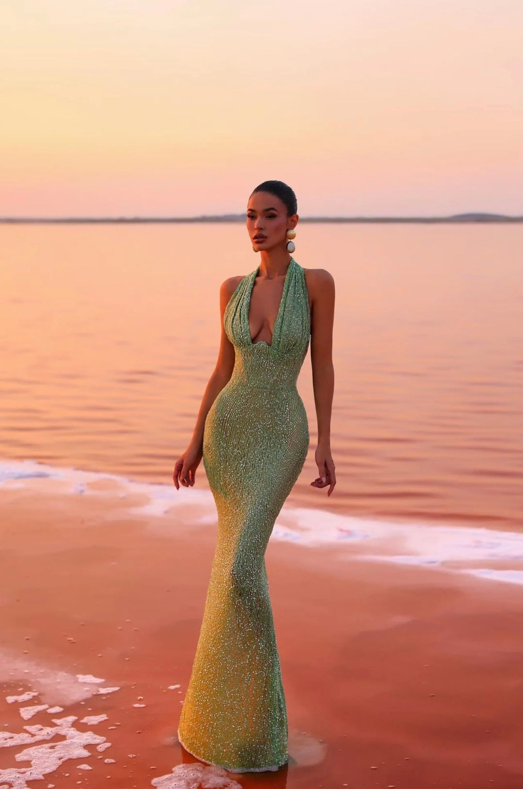 Split V-Neck Sparkling Sequin Slim Evening Gown