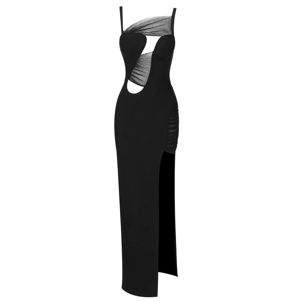 Asymmetric Sheer Mesh Slit Maxi Dress