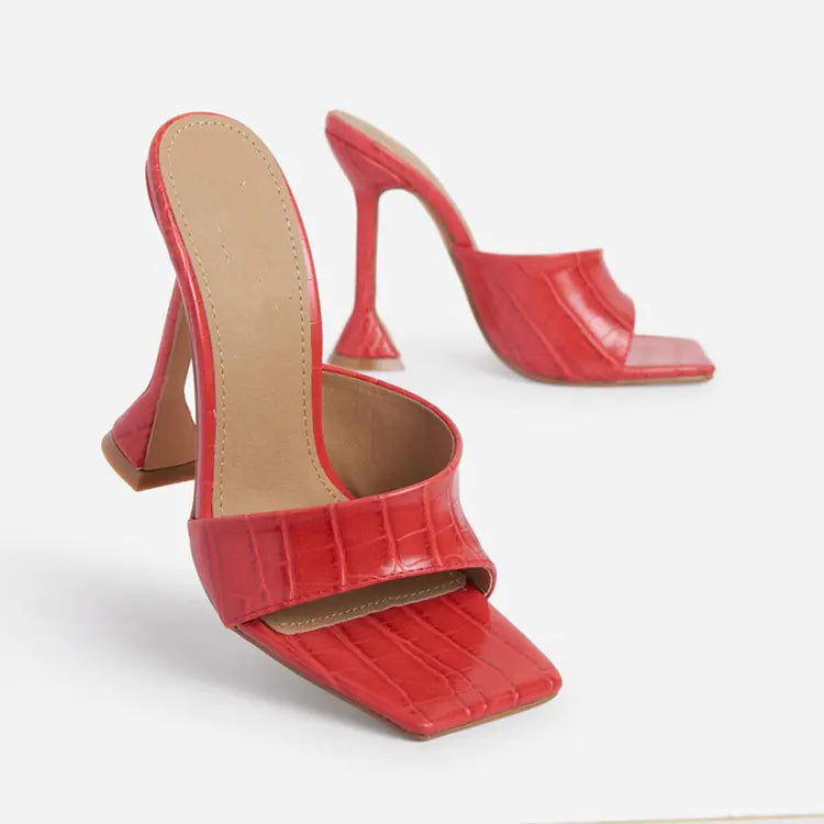 Square Toe Black PU Leather Heels
