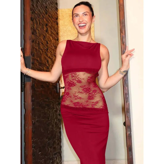 See-Through Lace Sleeveless Long Dress