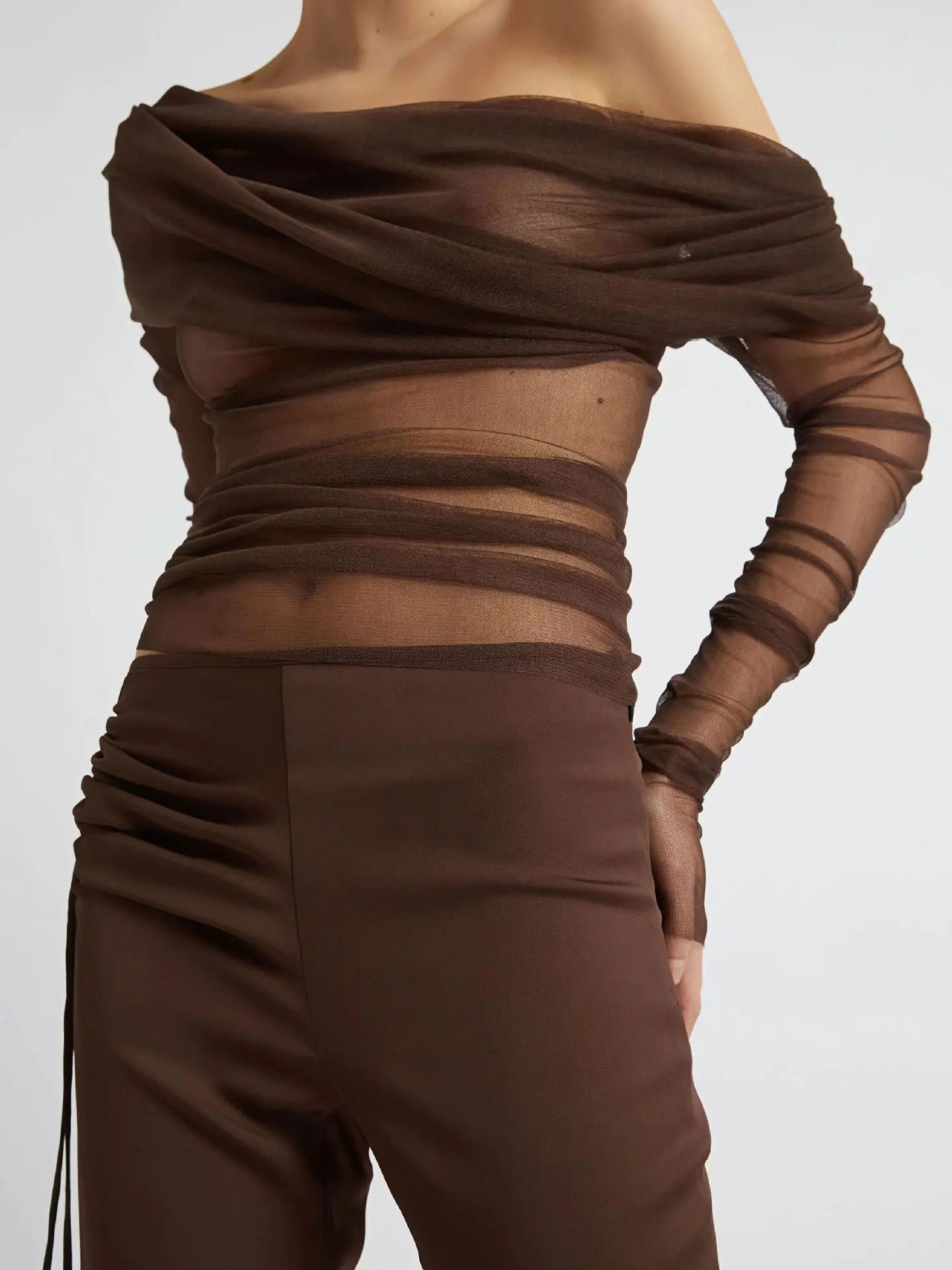 Sheer Off-Shoulder Mesh Long-Sleeve Top