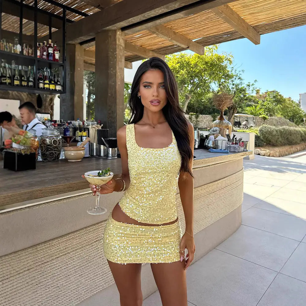 Sparkling Sequin Vest and Skirt Two-Piece Set