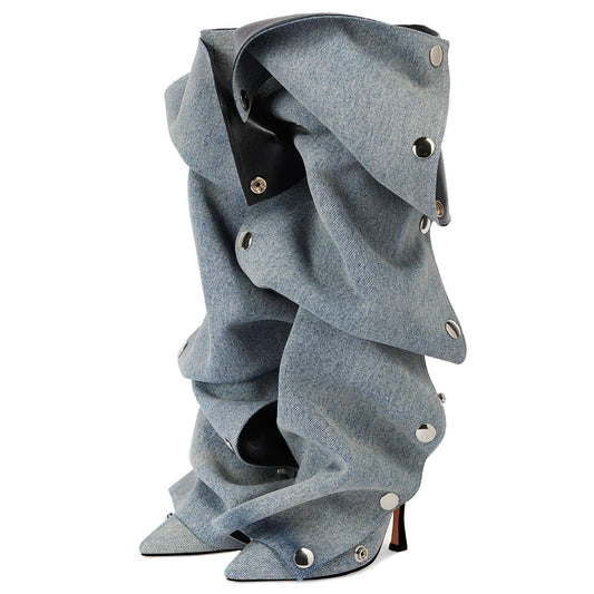 Pointed Toe Sequined Shark Knee High Boots