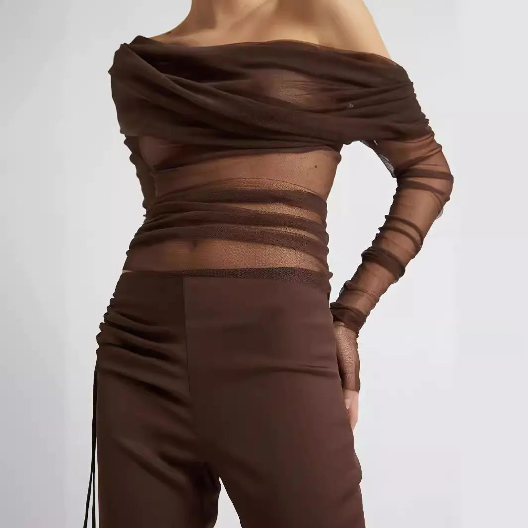Sheer Off-Shoulder Mesh Long-Sleeve Top
