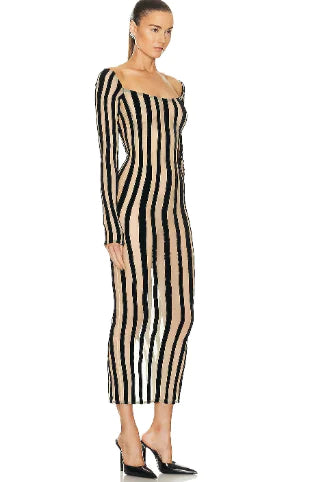 Mesh Striped Slim Dress with Sheer Detail