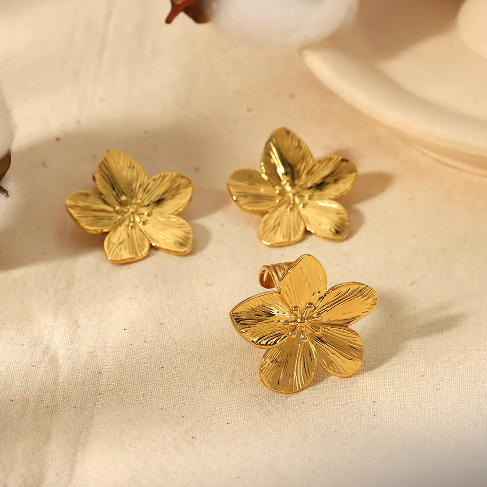 Vintage-Inspired Gold Stainless Steel Flower Earrings & Ring