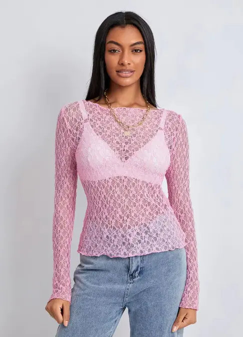 Lace Mesh Wavy Long Sleeve Top