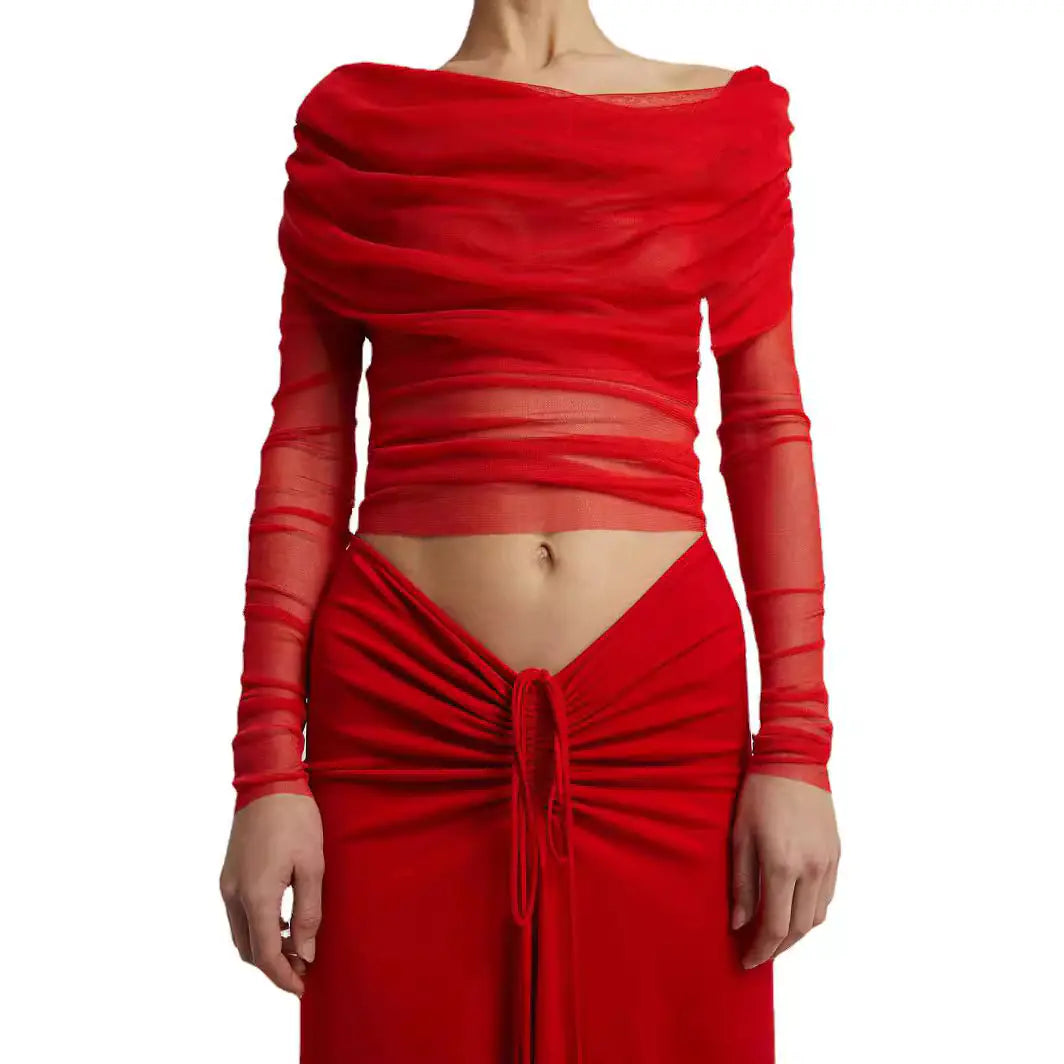 Sheer Off-Shoulder Mesh Long-Sleeve Top