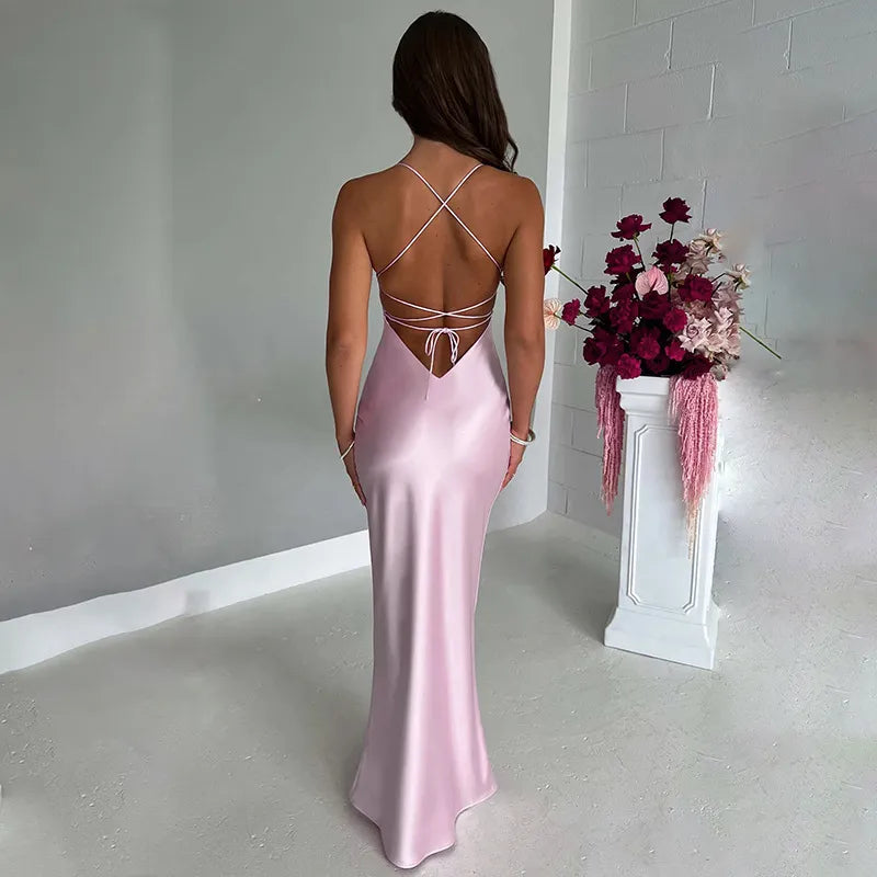 Satin Lace Up Backless Bodycon Mini Dress