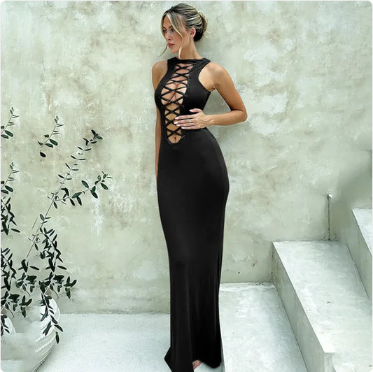 Elegant Lace-up Cutout Slim Dress