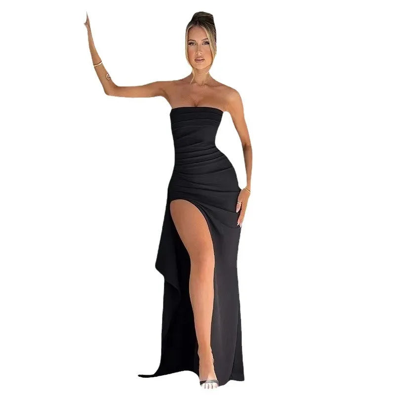 Backless High Slit Line-Up Collar Dress