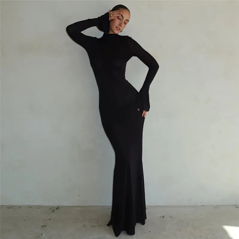 Backless Slim Fit Long-Sleeve Evening Dress