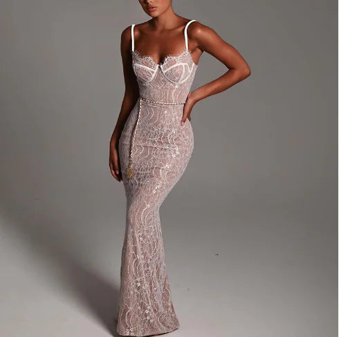 Lace Spliced Sling Long Dress