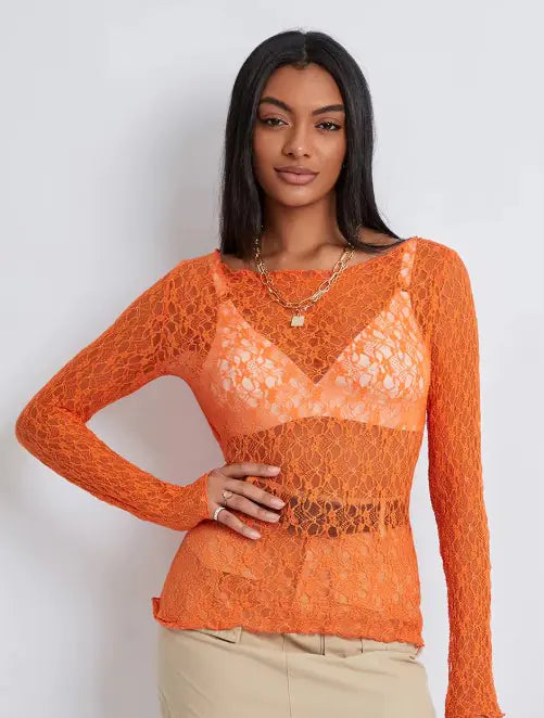 Lace Mesh Wavy Long Sleeve Top