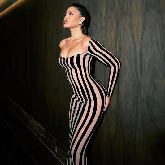 Mesh Striped Slim Dress with Sheer Detail