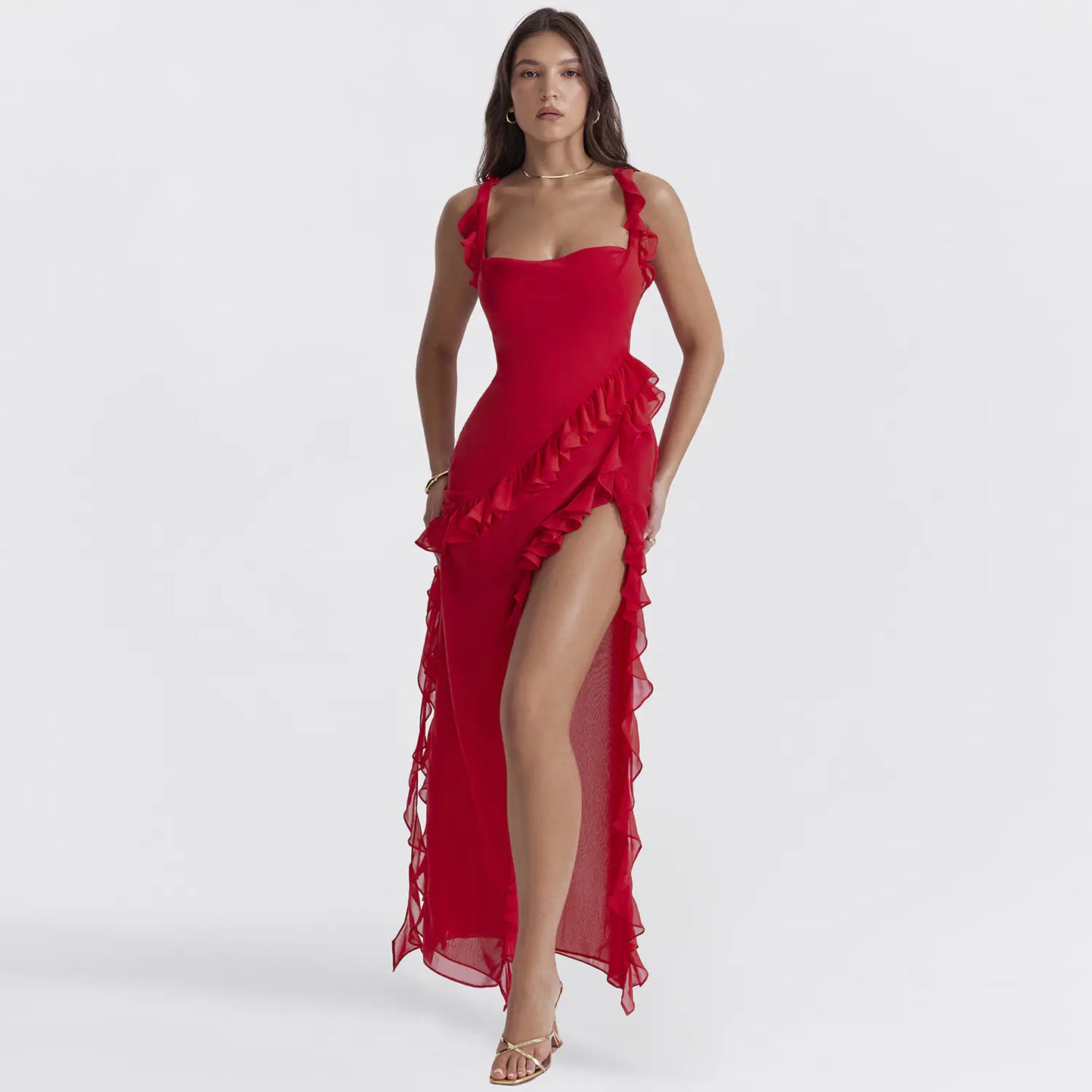 Ruffled Edge Midi Dress with Slit