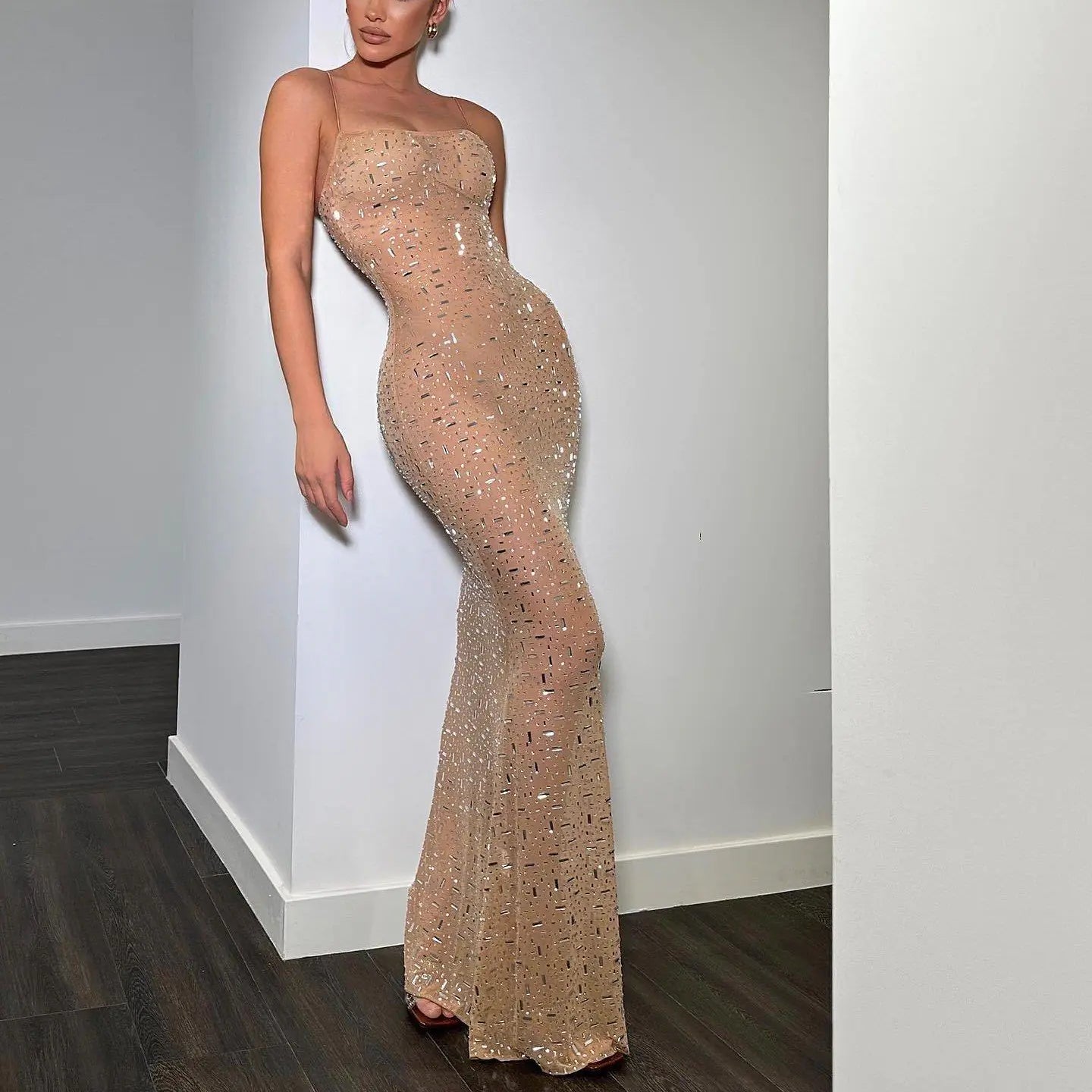 Rhinestone Suspender Mesh Sheath Dress