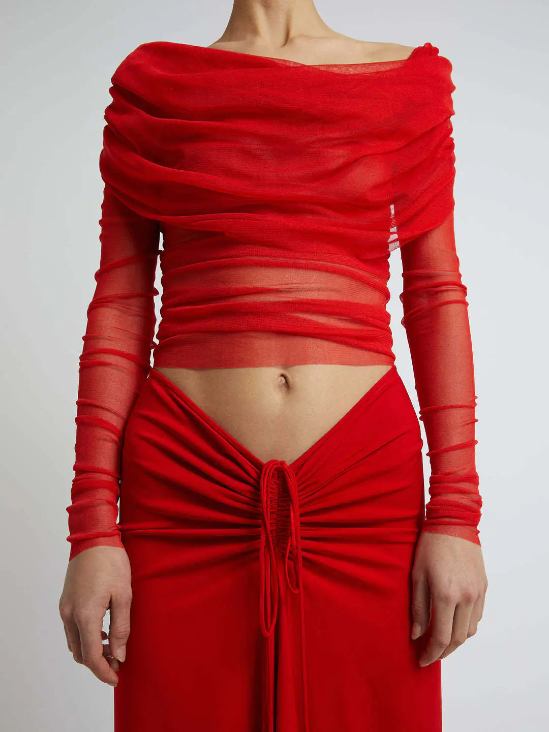 Sheer Off-Shoulder Mesh Long-Sleeve Top