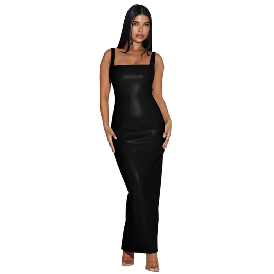 Faux Leather Spaghetti Strap Maxi Dressl