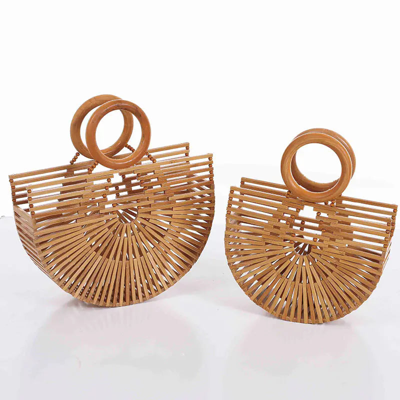 Bamboo Woven Half-Moon Beach Tote Bag