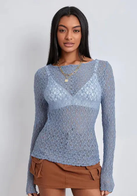 Lace Mesh Wavy Long Sleeve Top