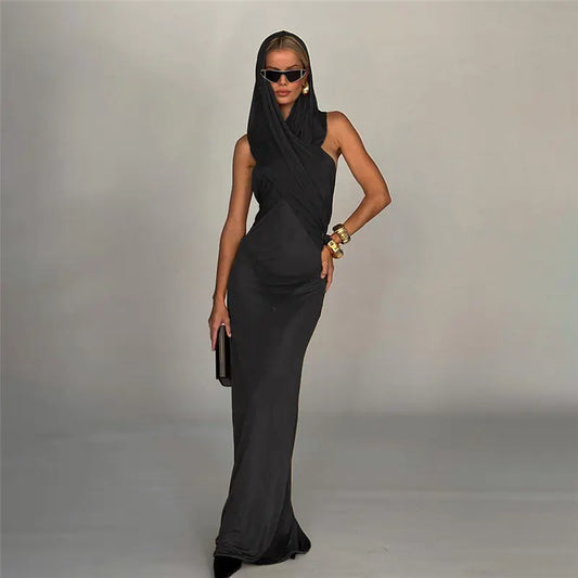 Hooded Backless High-Waist Maxi Dress
