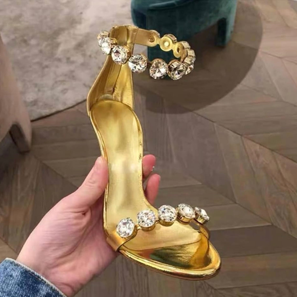 Rhinestone Open Toe Gold Stiletto Sandals